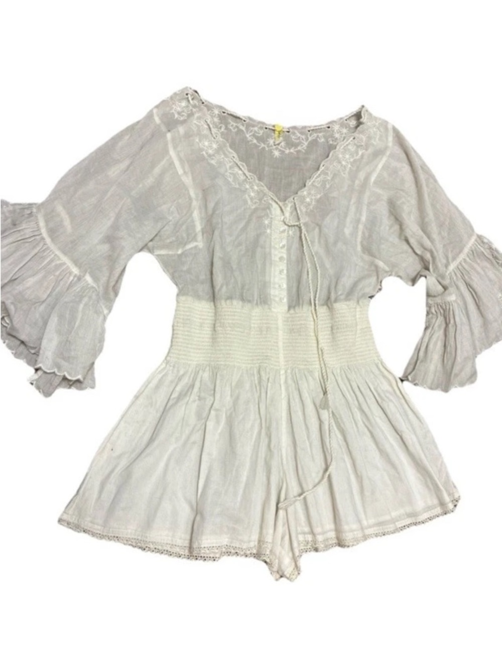 Free People White Boho Lace Romper Smocked Waist Peasant Sleeve Cottagecore XS